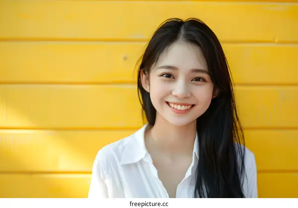 Smiling Asian Woman Portrait in Front of Yellow Wall