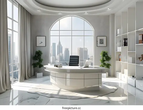 Modern office interior with large windows and city view