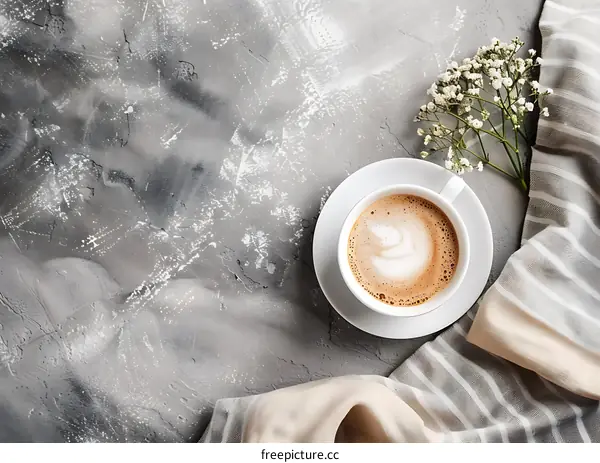 Cappuccino Coffee With Flowers And Napkin On Grey Background
