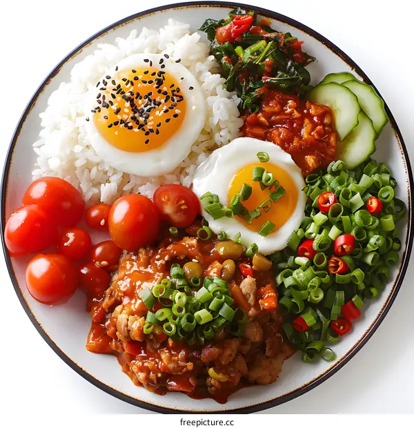 A delicious and healthy meal with rice, eggs, vegetables, and kimchi