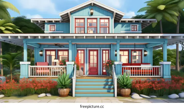Charming Small Beach House with Blue Exterior and Red Door