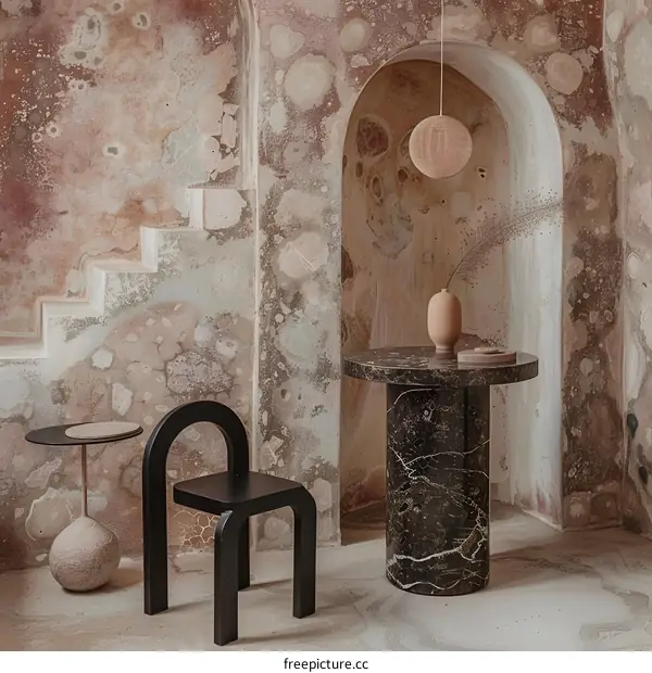 Minimalist Interior Design with Marble Table and Black Chair
