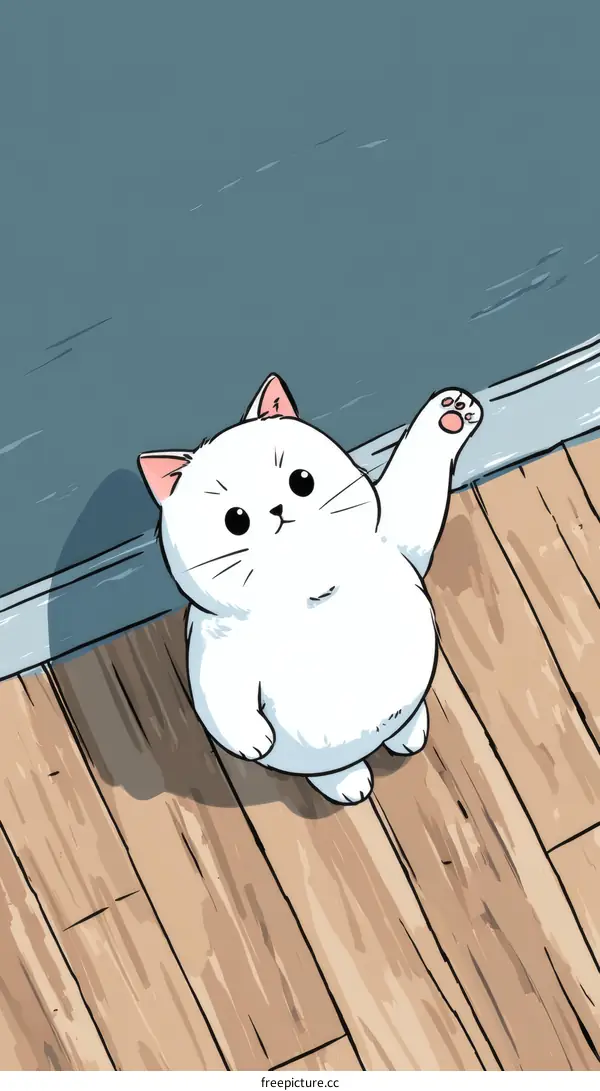 Cute White Cartoon Cat Raising Paw