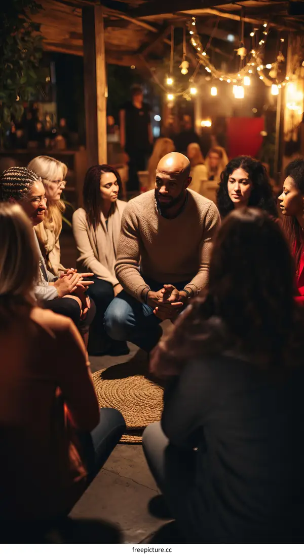 A diverse group of adults are sitting in a circle having a group therapy session