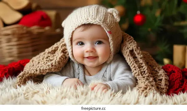 Adorable Baby in Knitted Hat During Christmas