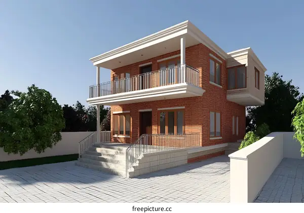 Modern Brick Two Story House Design With Balcony