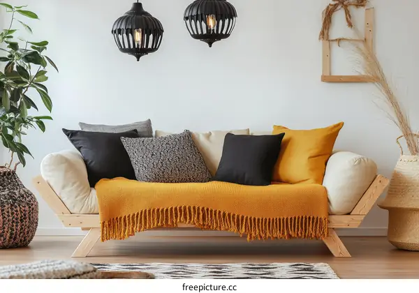 Modern Minimalist Living Room with Mustard Yellow Sofa