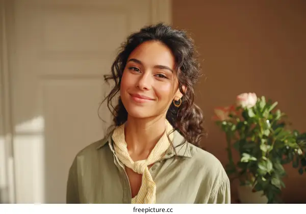 Smiling Young Woman in a Light Green Shirt