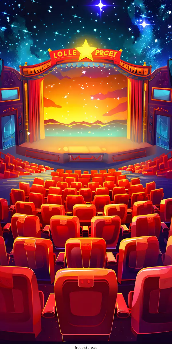 Movie Theater Stage with Red Seats Under Starry Night Sky