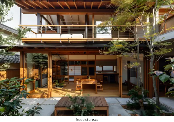 Modern Japanese Home with Wooden Patio and Garden