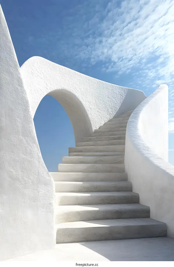 White Curved Stairway Leading To A Round Opening In A Wall With Blue Sky Background