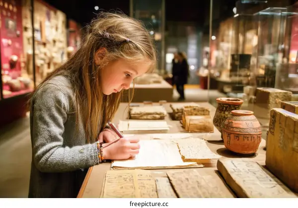 Child Studying Ancient Artifacts in Museum