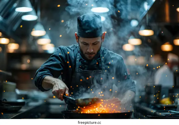 Focused male chef cooking with fire in kitchen