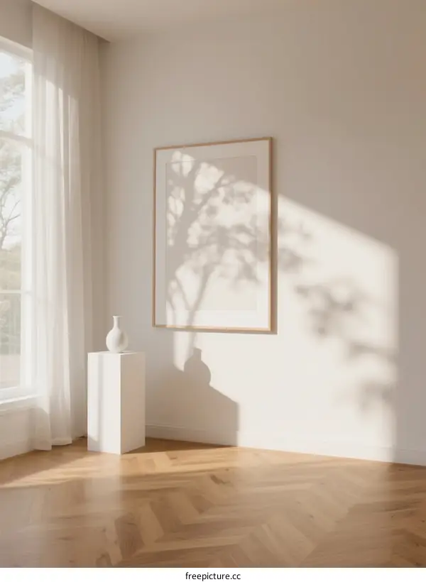 Sunlit Minimalist Room with White Curtains and Wooden Floor