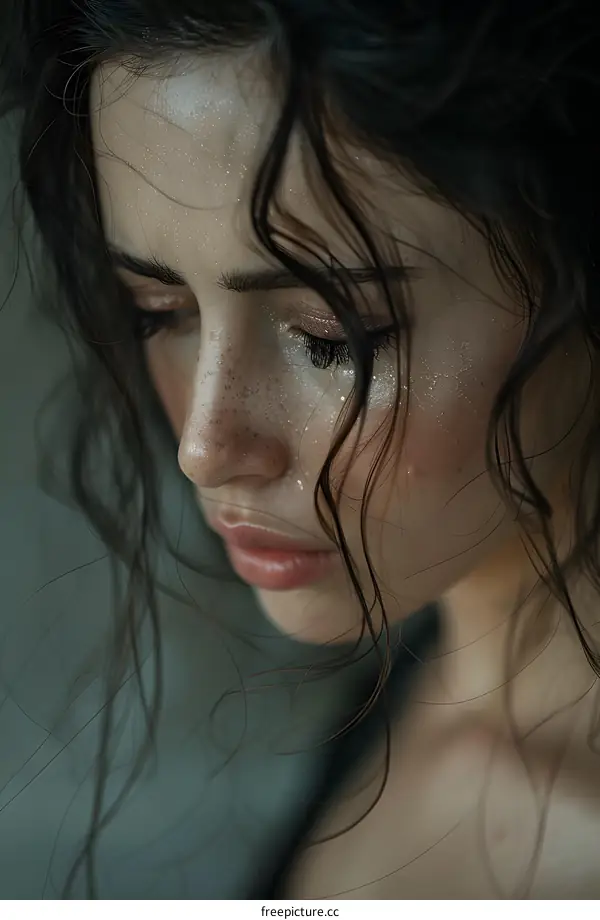 portrait of a beautiful woman with freckles and dark hair