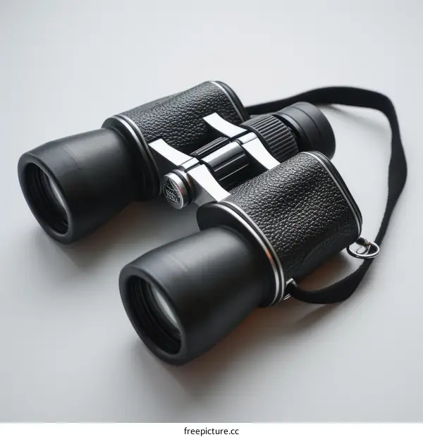 A black and silver pair of binoculars with a strap