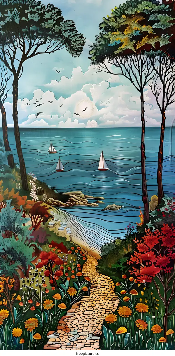 Colorful Landscape Painting with Trees and Flowers