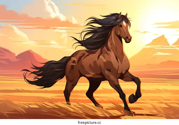 A wild brown horse is galloping free in the desert