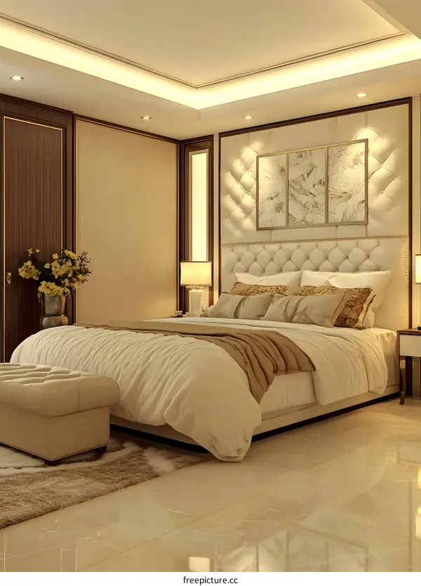 Modern Bedroom Interior Design With Beige Walls And A Large Bed