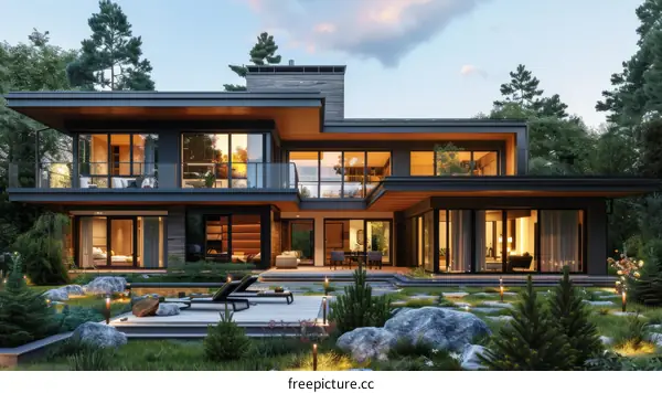Modern house exterior design with large windows