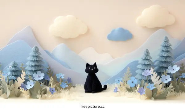 Papercut Scene with Black Cat and Mountains