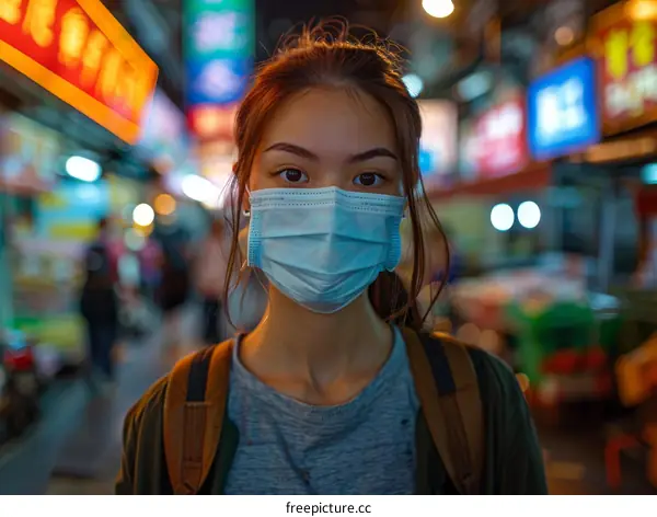 Portrait of a young woman wearing a mask in a crowded street at night
