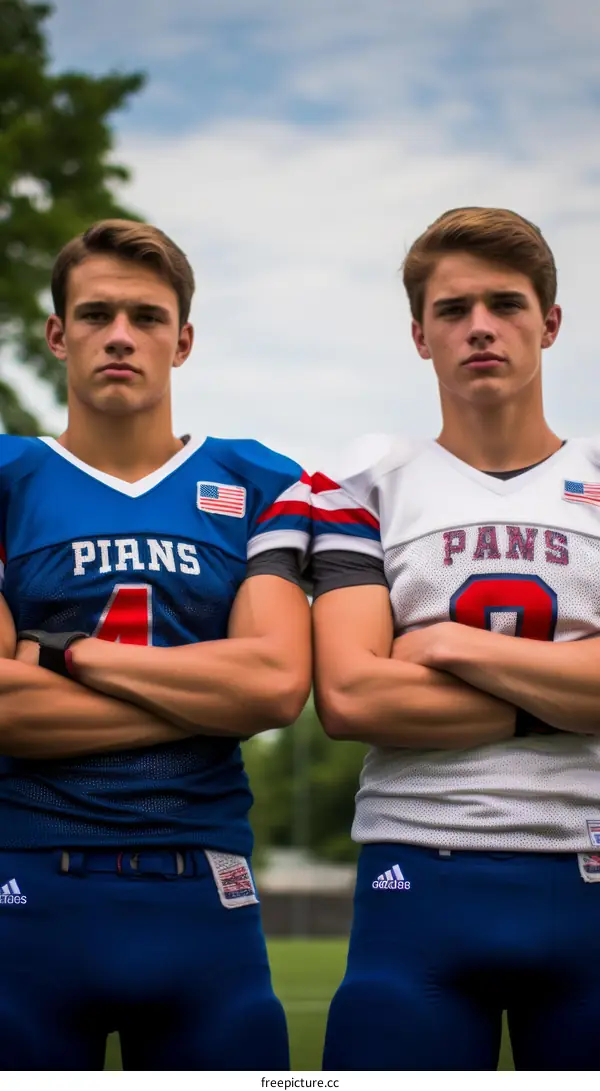 Two young American football players in blue and white uniforms are standing with their arms crossed.