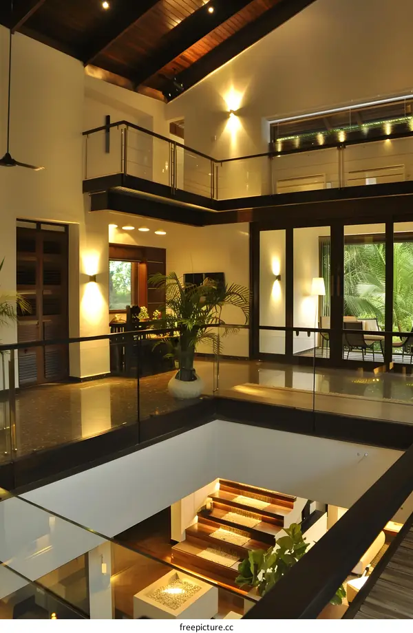 Modern Interior Design with Glass Railing and Wooden Stairs