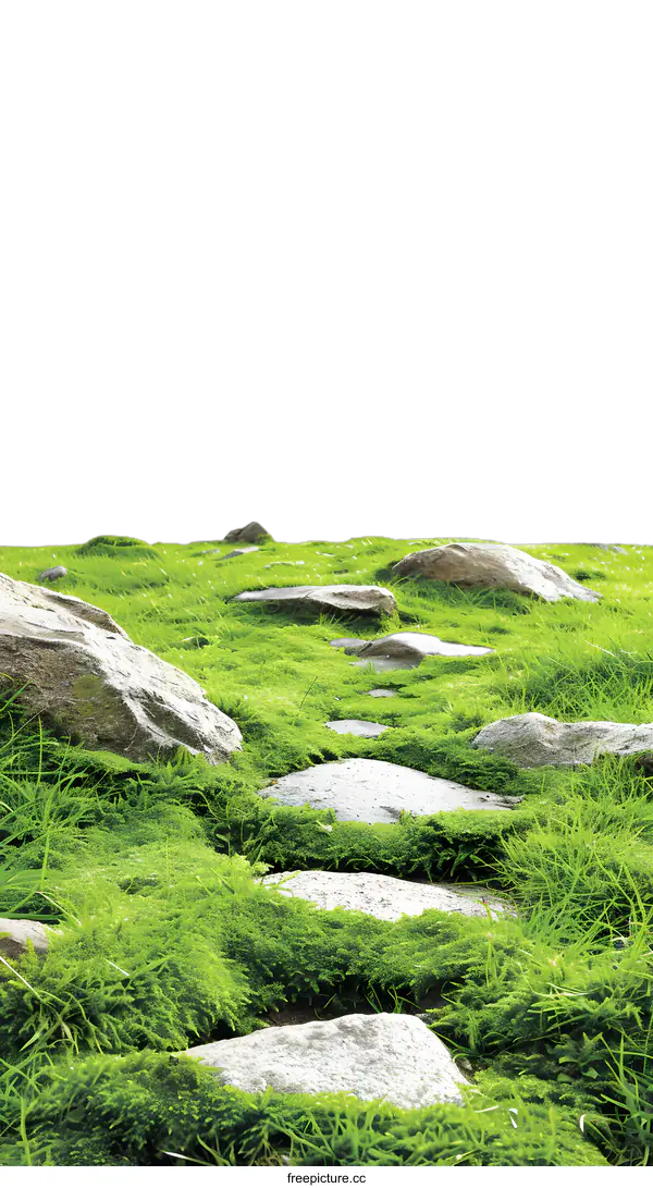 [Transparent Background PNG]Green Grass and Stone Pathway on White Background
