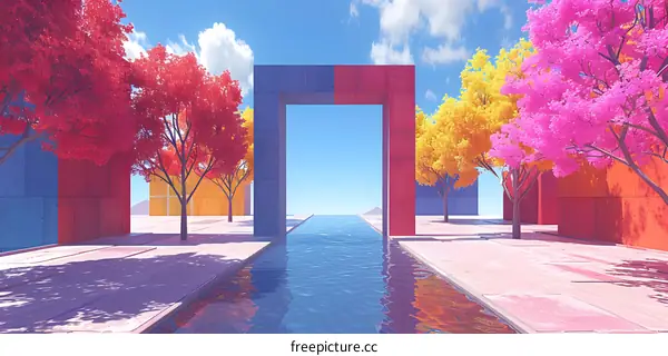 Surreal colorful landscape with blue water and pink trees