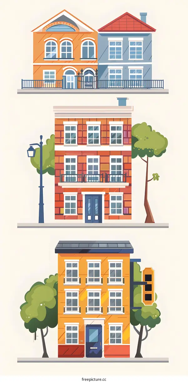 Illustration of Three Houses on a City Street
