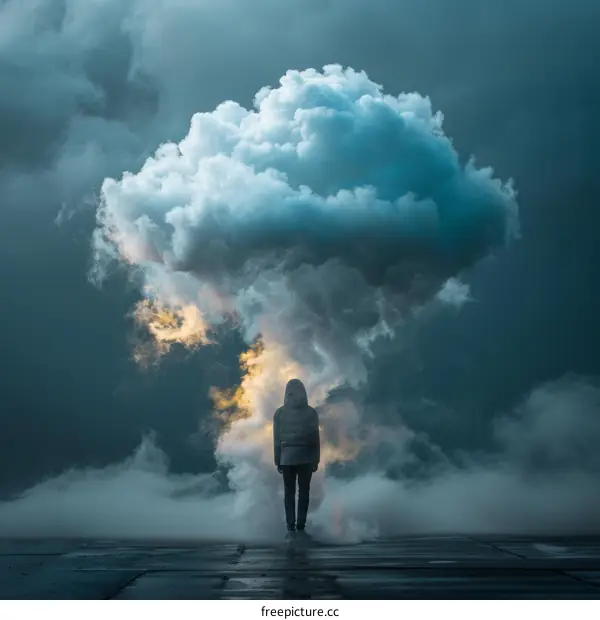 man standing alone in a field of clouds