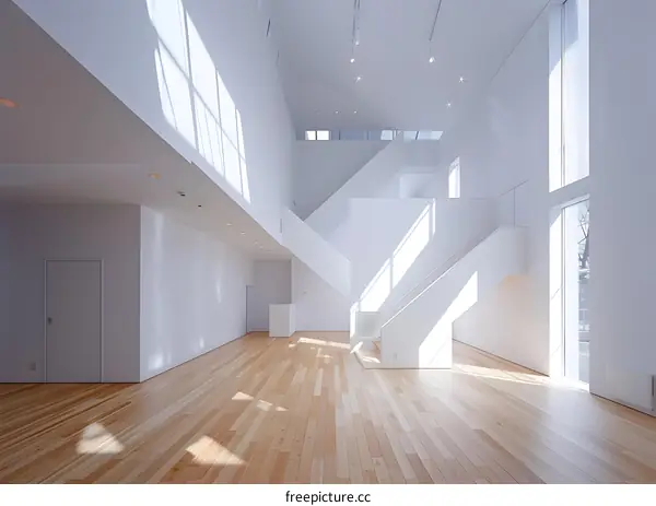 Modern Minimalist White Interior Design With Wooden Floor And Natural Light