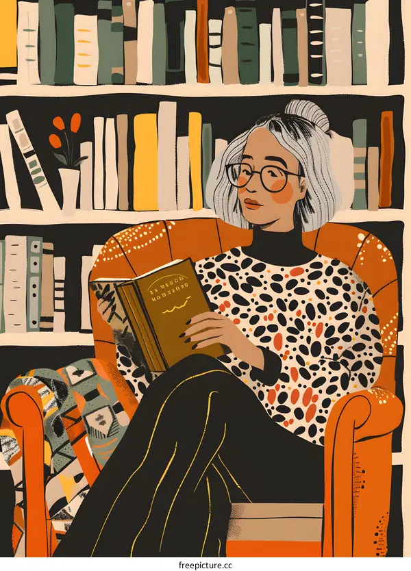 Woman Reading in a Cozy Armchair Near Bookshelves