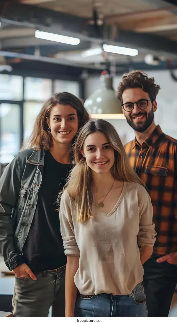 Portrait of three young professionals smiling in an office