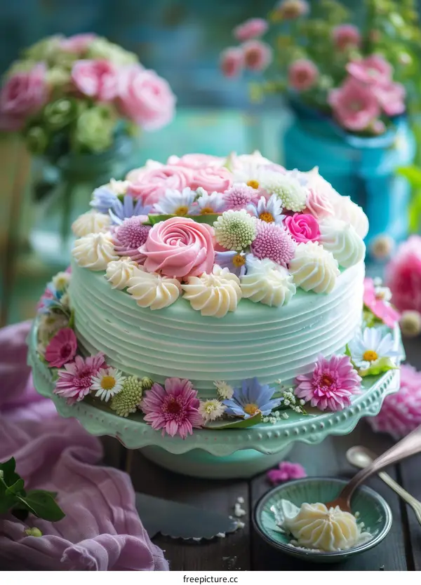 Elegant Birthday Cake with Floral Decorations