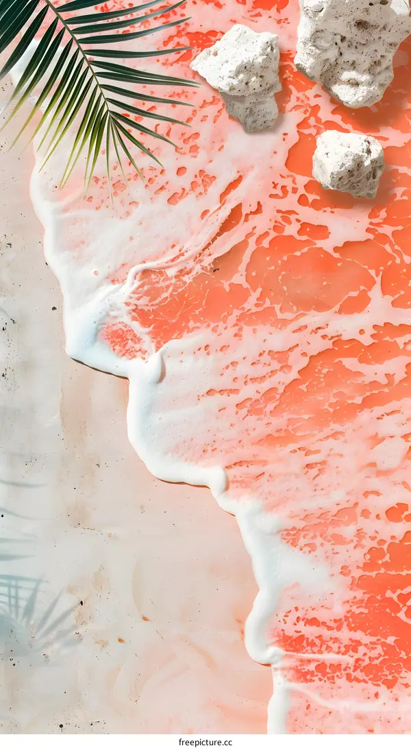 Pink Sand Beach With Palm Leaf