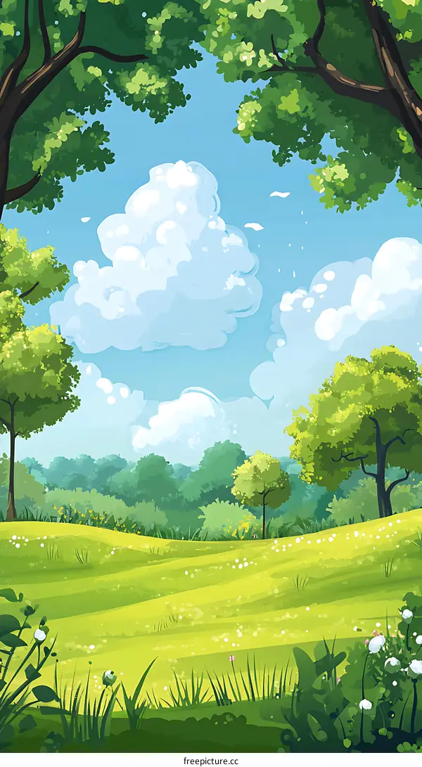 Green Grass Field With Trees And Clouds In Summer