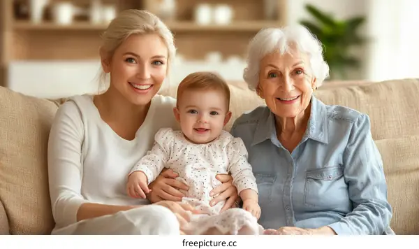 Happy Family Portrait with Mother, Baby, and Grandmother