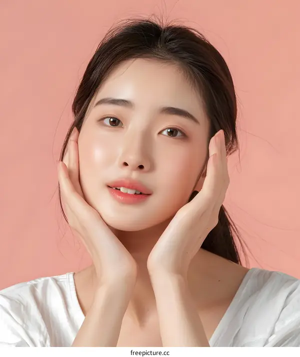 Beautiful Asian Woman with Long Black Hair Posing with Hands on Face