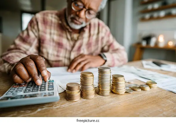 Elderly Person Calculating Finances with Coins