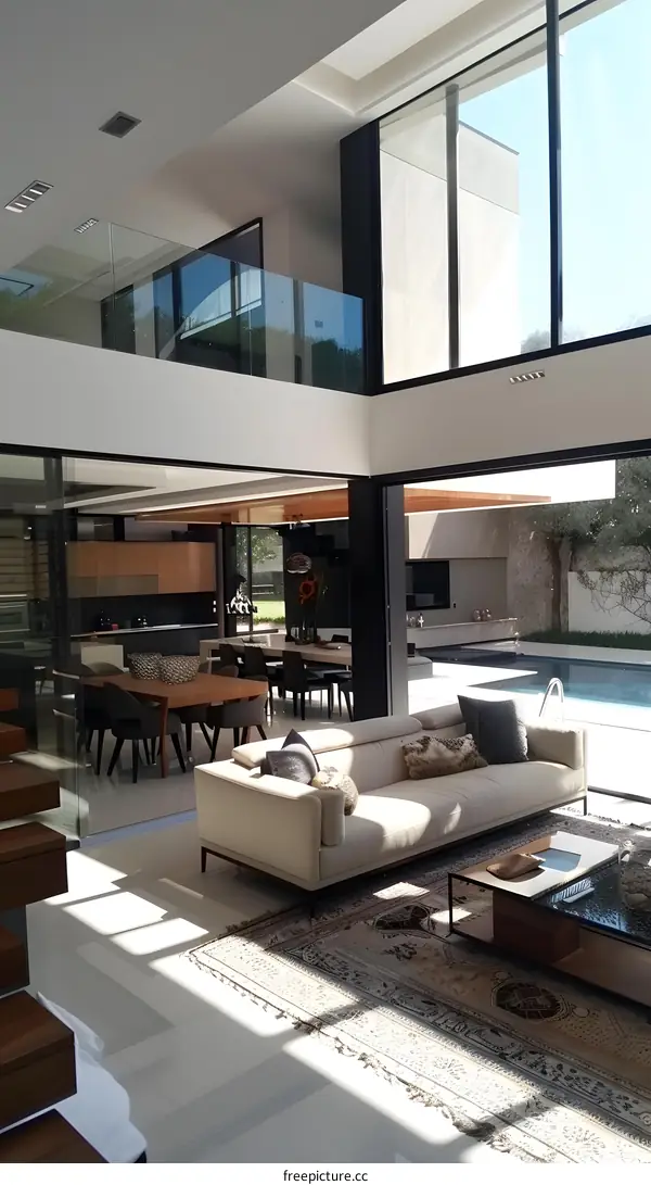 Modern Interior Design with Large Windows and a Swimming Pool View