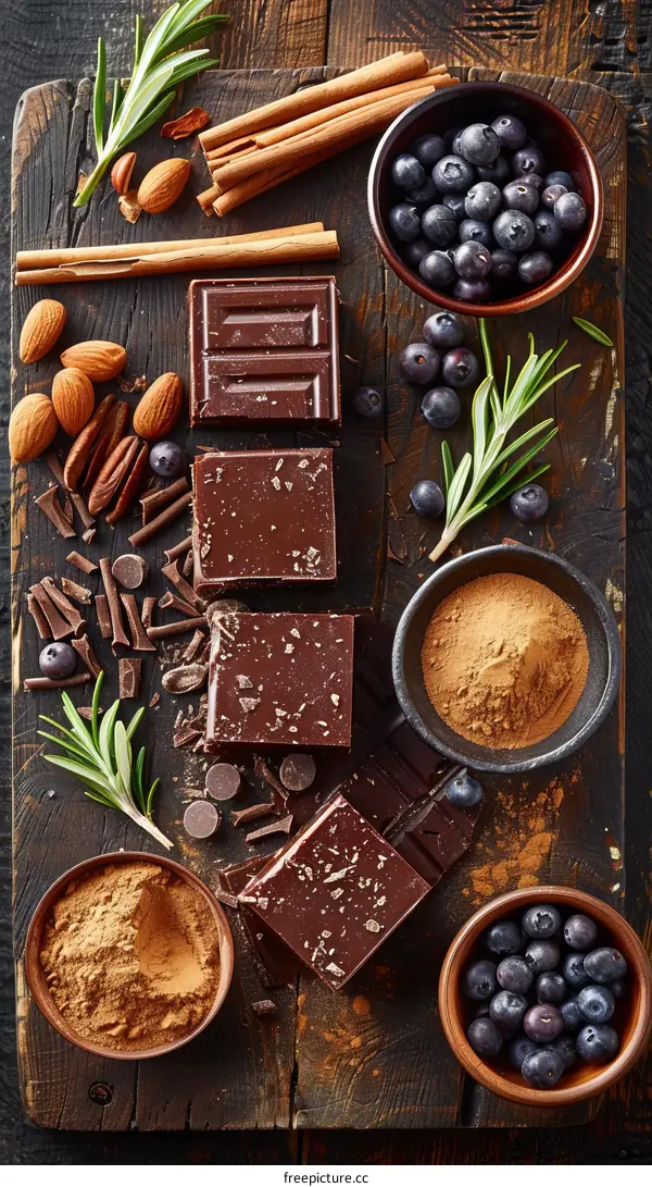 Different types of chocolate and cocoa powder with spices and blueberries