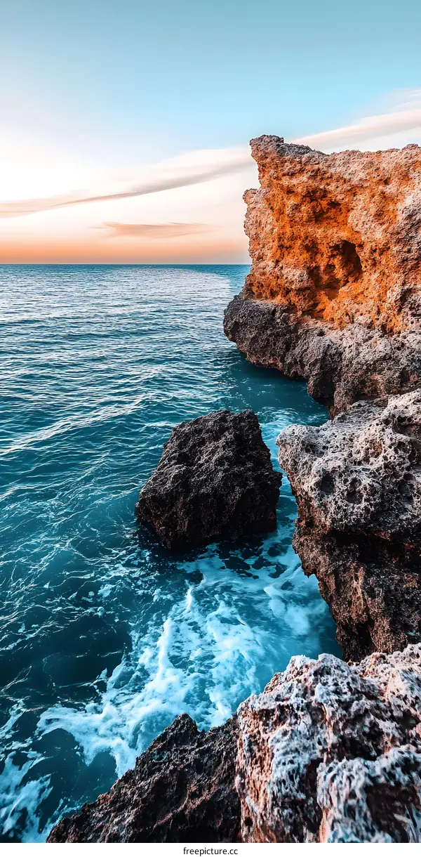 Rocky Coastline with Foamy Waves During Sunset