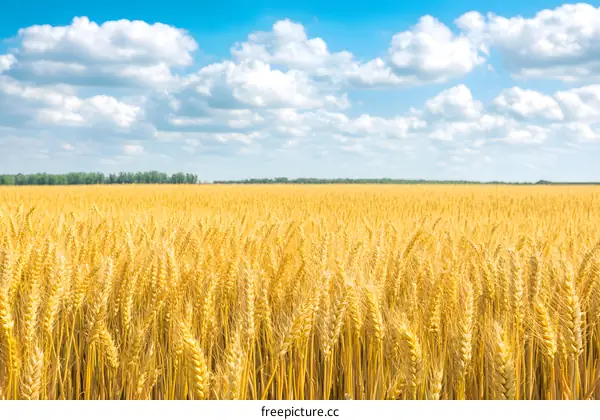 Golden Wheat Field Under Blue Sky with White Clouds