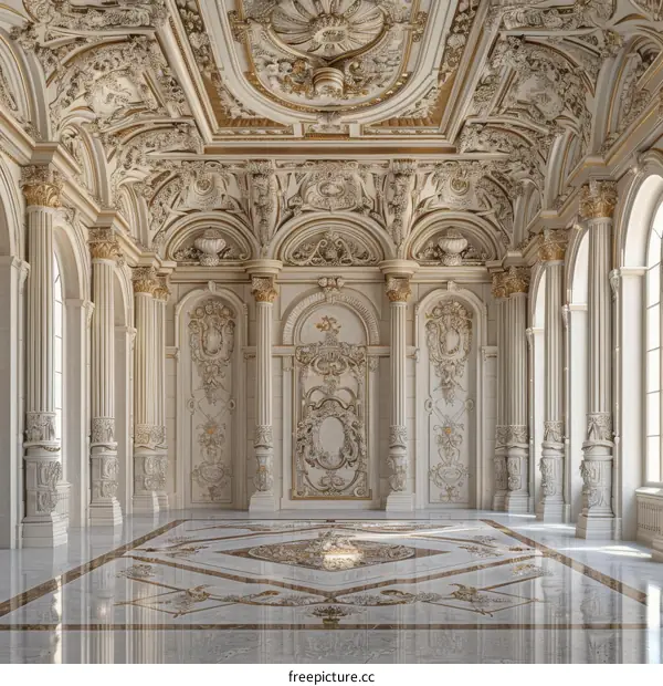 Empty Classic Interior Room with Marble Floor and Pillars