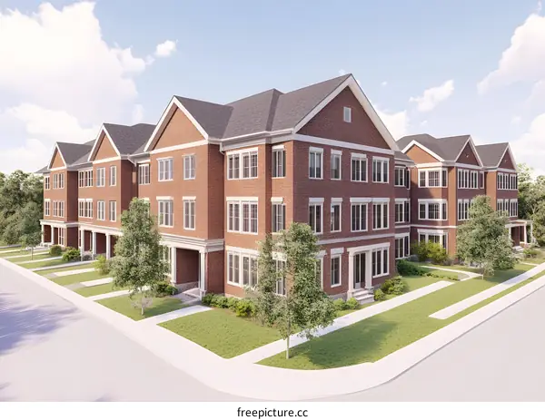 Modern Brick Townhouses With Green Grass And Trees