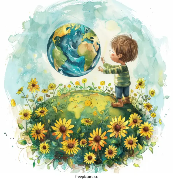 Little boy hugging the Earth globe with sunflowers field