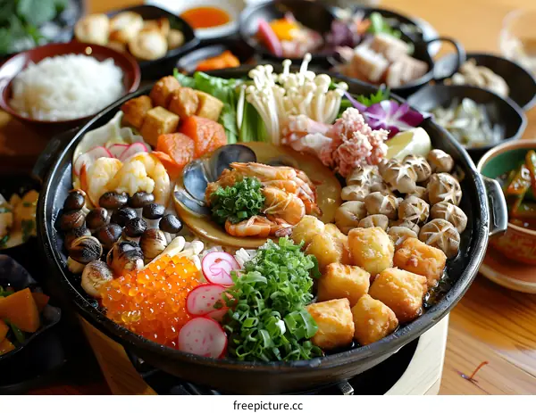 Japanese Cuisine Hot Pot with Seafood and Vegetables