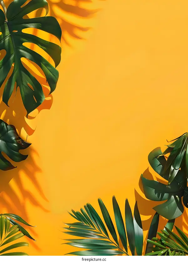 Tropical Green Leaves on Yellow Background